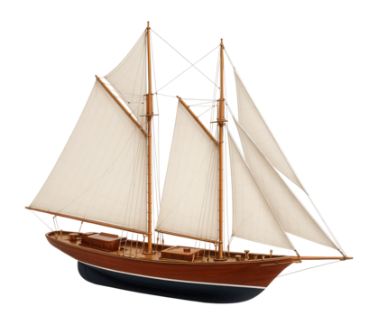 Gaff-rigged schooner with wooden masts and traditional canvas sails