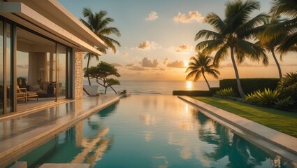 Luxurious coastal villa featu an infinity pool overlooking the ocean at sunset showcasing elegant architecture and tropical landscaping.