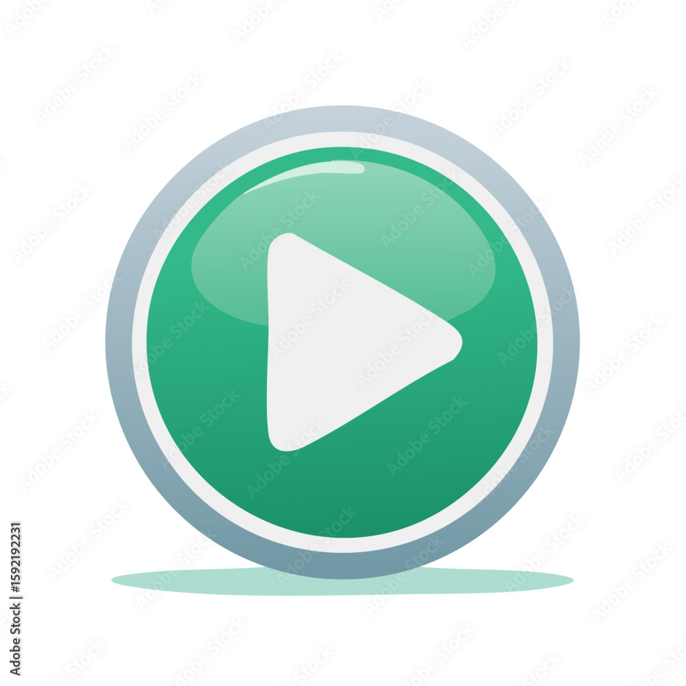 Poster illustration of a shiny green round play button for media playback or action trigger