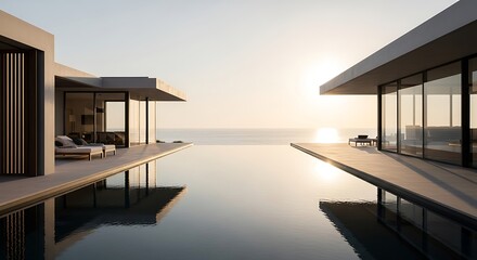 A luxurious villa with an infinity pool overlooking the ocean at sunset with clear sky and modern design
