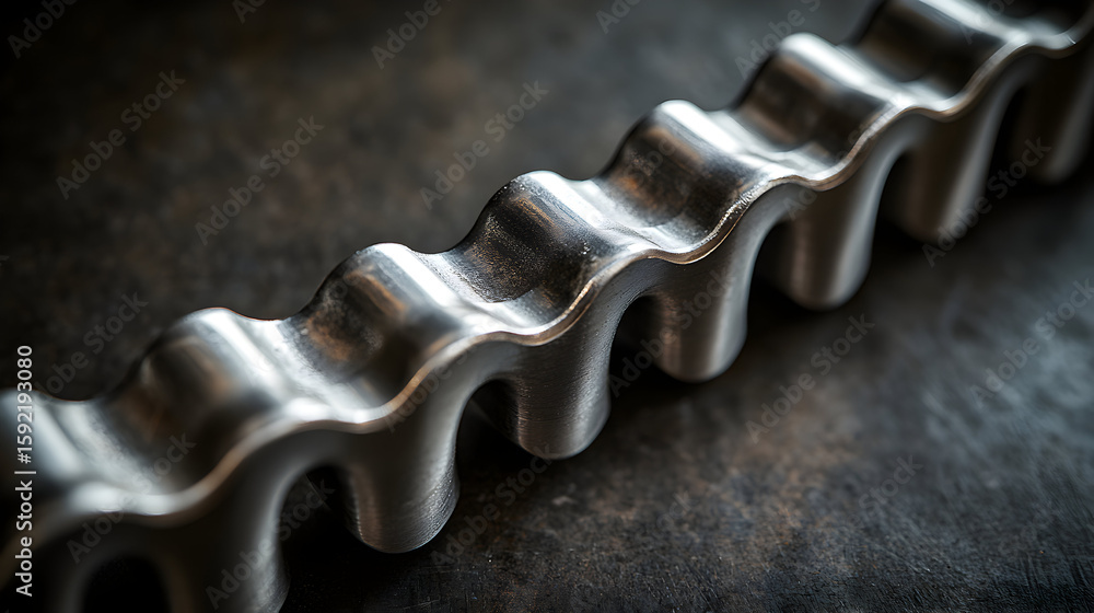 Poster close-up of a metallic object with a repeating wave pattern on a dark surface.