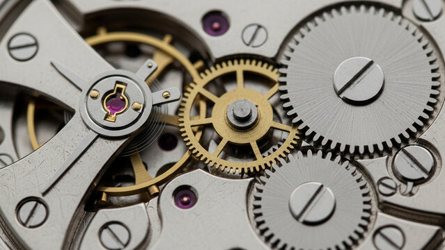 Macro photo of watch mechanism gears in silver and gold tones.