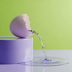 Creative Cracked Eggshell Pouring Liquid on Purple Pedestal with Green Background