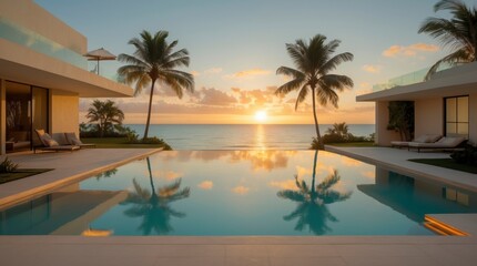 Fototapeta premium A luxurious beachfront villa with an infinity pool reflects palm trees and a stunning sunset over the ocean, creating a tranquil paradise.
