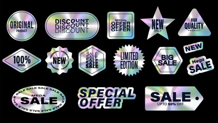Sticker hologram emblem holographic label set. color neon stickers,Holographic label with tags.Holographic stickers. Hologram labels of different shapes. 
