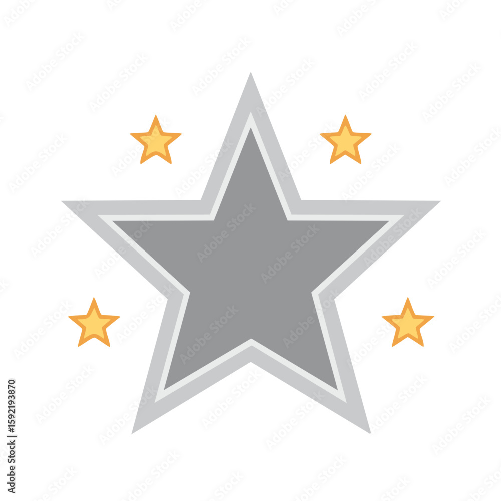 Poster stars in orbit: gray star with border surrounded by golden celestial objects, vector graphics for di