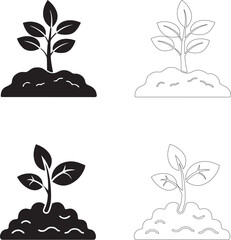 World Food Day Vector Icons of Seedling and Young Plant Growth from Soil in Solid and Outline Styles