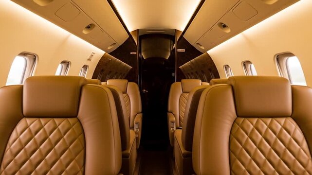 Modern airplane cabin interior showing rows of luxurious leather seats perfect for travel or aviation advertising materials