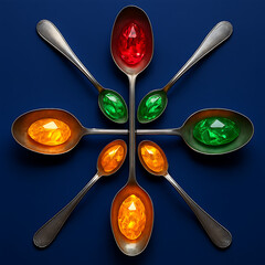 Circular Arrangement of Spoons Holding Colorful Gemstones on Dark Blue Background, Artistic Jewelry Display