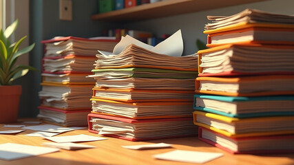 Tall stack of mixed folders and journals shows knowledge building through consistent offline habits amid digital noise