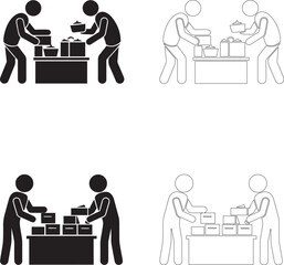 World Food Day Vector Icons of Stick Figures Serving Bowls and Boxes on Tables in Solid and Outline Styles