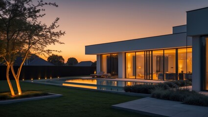 Obraz premium Contemporary home with a swimming pool reflects the beautiful sunset in its glass doors creating a peaceful and luxurious atmosphere outdoors.