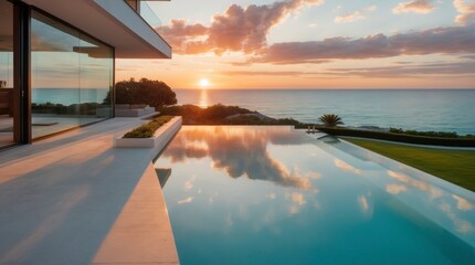 Luxurious coastal villa featu infinity pool mirro the vibrant sunset over the ocean, showcasing architectural elegance and serene beauty.