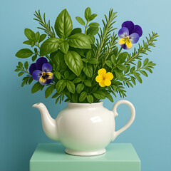 Fresh Herbs and Edible Flowers Arranged in White Teapot on Mint Green Pedestal, Herbal Decor