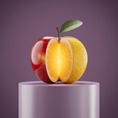 Creative Hybrid Fruit Combining Apple and Orange on Purple Pedestal, Conceptual Food Art