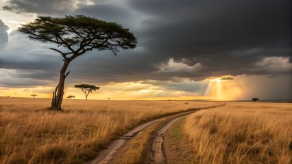 Obraz premium Dramatic Sunset Over African Savanna with Acacia Tree and Storm Clouds