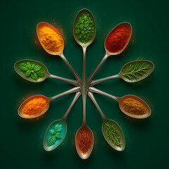 Artistic Arrangement of Spoons with Colorful Spices and Fresh Herbs on Dark Green Background