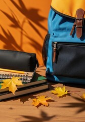 Fresh Start: New Backpack with School Supplies and Autumn Leaves