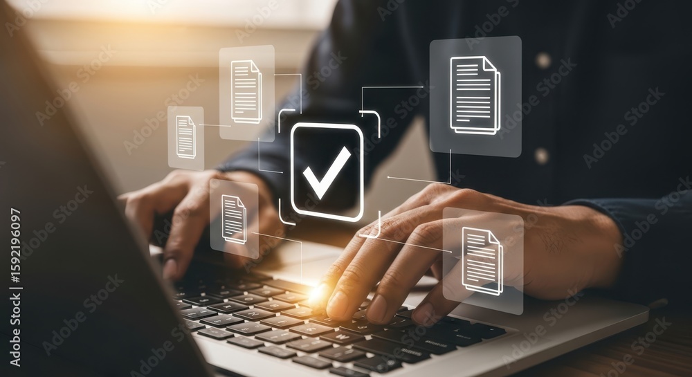 Poster digital document workflow automation hand on laptop with check mark icon, paperless office efficienc