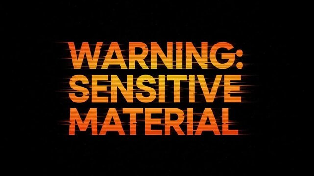 Warning Sensitive Material Glitch Effect Screen. Digital Content Disclaimer with Distorted Orange Text on Black Background, Cyberpunk Aesthetic for...