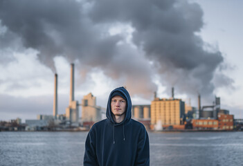 A man stands in front of an industrial plant with large chimneys, emitting black smoke and filling the sky. He is wearing dark and a hoodie. 