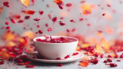 A cup of tea with red hawthorn berries floating in it