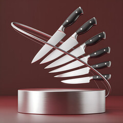 Set of Kitchen Knives Displayed Dynamically on Modern Metallic Stand, Stainless Steel Blades, Black Handles