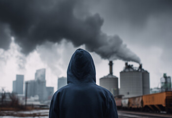 A man stands in front of an industrial plant with large chimneys, emitting black smoke and filling the sky. He is wearing dark and a hoodie. 