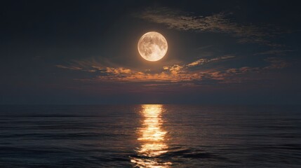 Celestial Serenity: A radiant full moon casts a shimmering reflection upon the tranquil ocean, creating a scene of profound peace.