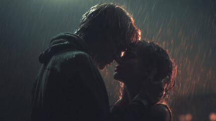 A man and a woman are kissing in the rain