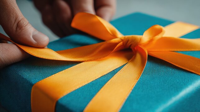Hands tying a teal gift box with an orange ribbon