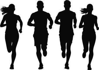 Group running front view silhouette vector isolated on transparent background