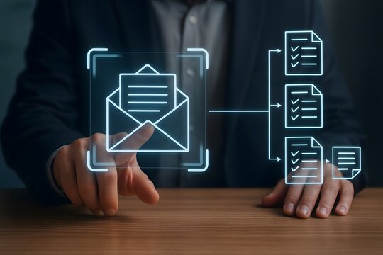 Business professional interacting with digital interface for email and document management