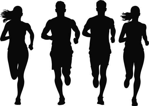Group running front view silhouette vector isolated on transparent background
