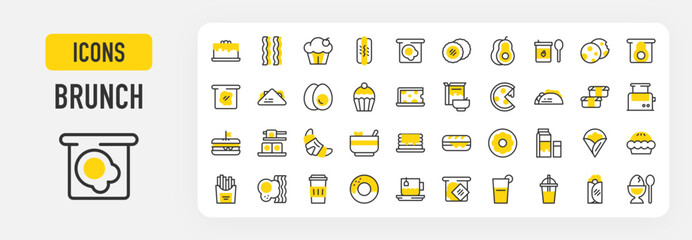 Brunch icons. Boiled Egg, Sandwich, Iced Coffee, Cereals, Avocado, Cheese, Coffee Cup, Cookies, Crepe, Croissant, Cupcake, Donut, French Fries, Hot Dog, Jam stroke vector illustration.	
