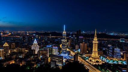 Fototapeta premium Photo of a dazzling city skyline illuminated at night with glowing skyscrapers and busy streets