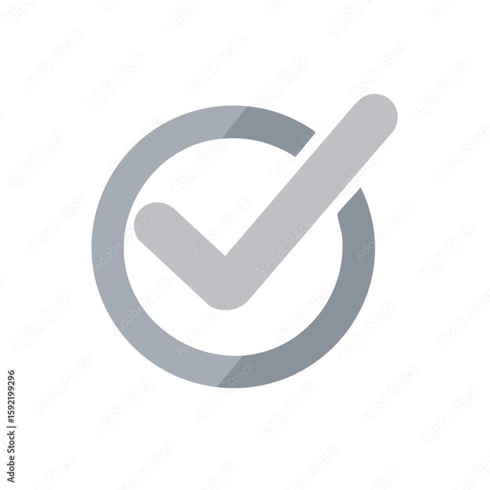 Poster checkmark in circle, completion sign, gray tick inside round shape for graphic design