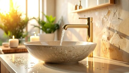 A Serene and Warm Bathroom Scene Featuring a Stylish Basin Under Golden Sunlight - Powered by Adobe