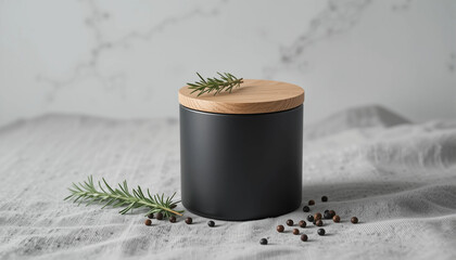 Minimalist Black Container with Wooden Lid – Natural Kitchen Spice Storage with Rosemary and Peppercorns