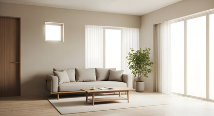 Interior shows Living Room with Sofa and Coffee Table in Minimalist Style Decor