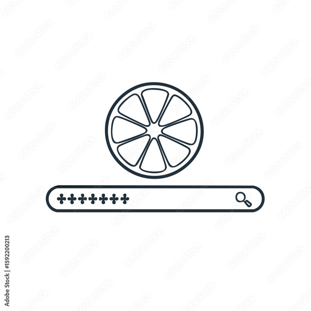 Poster orange slice above search bar with filled password blocks illustration