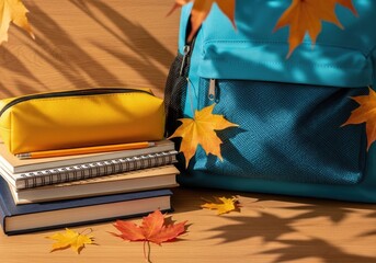 Fresh Start: New Backpack with School Supplies and Autumn Leaves