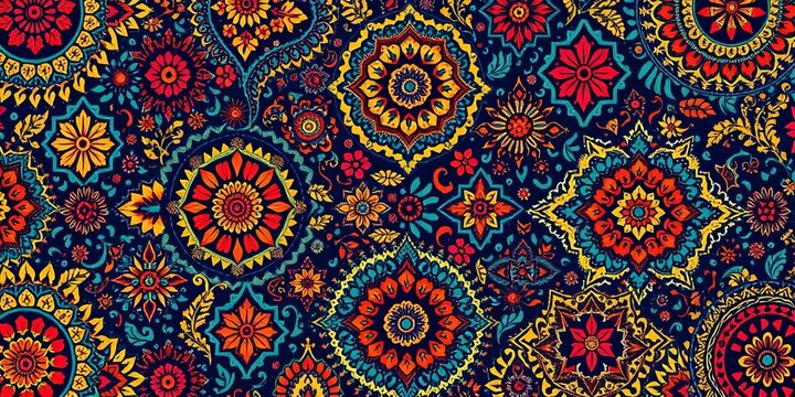 Intricate textile design blending Ikat, Batik, Madhubani, Kalamkari, block print, geometric, Ajrakh, and digital patterns, batik, geometric