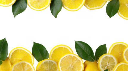 Citrus Fresh Lemon whole and Slices with leaf  Border on transparent background