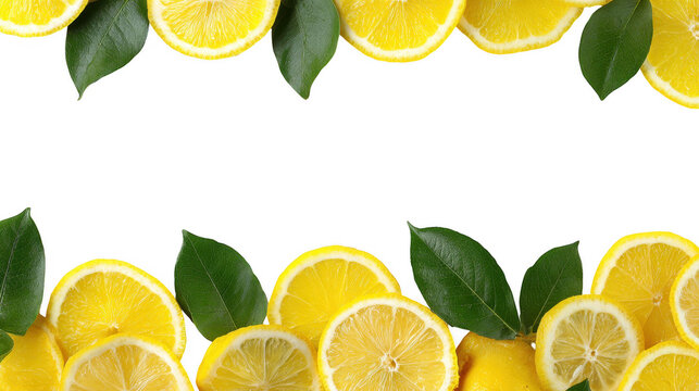 Citrus Fresh Lemon whole and Slices with leaf  Border on transparent background