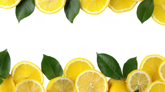 Citrus Fresh Lemon whole and Slices with leaf  Border on transparent background - Powered by Adobe