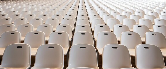 Naklejka premium Rows of identical white plastic chairs form a geometric pattern, white plastic chairs, school