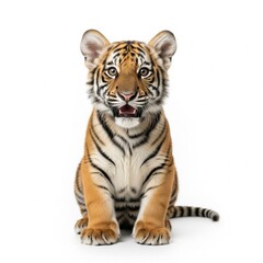Obraz premium Portrait of a Young Bengal Tiger Sitting Against White Background