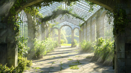 Sunlit, overgrown greenhouse walkway, stone path. Lush greenery, arched glass ceiling.  Sunlight streams through