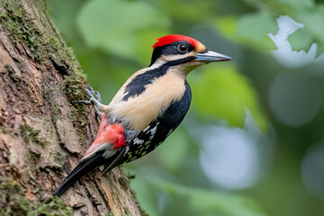Woodpecker foraging on tree bark in a lush green environment